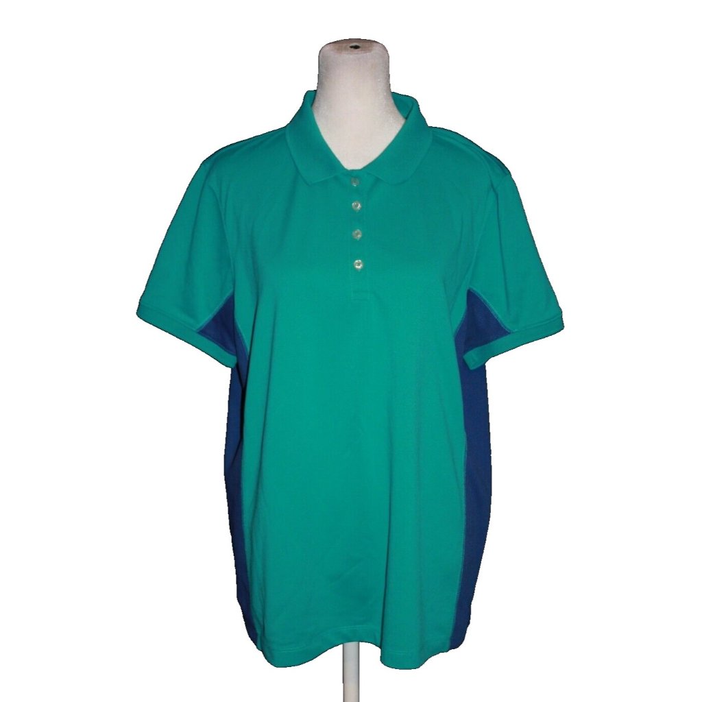 Lands' End Outfitters Women's Short Sleeve Polo Shirt Teal 2-Tone Blue Size L